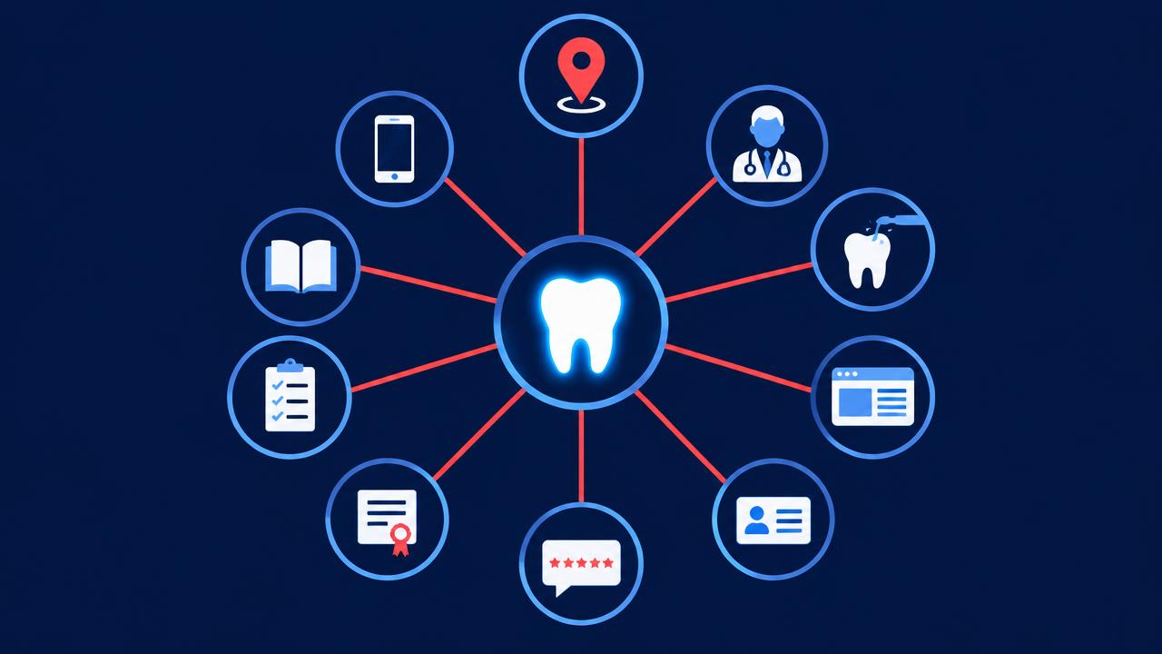 A diagram with a dental practice at the center connected to its location, providers, treatments, website, profile, reviews, credentials and references.