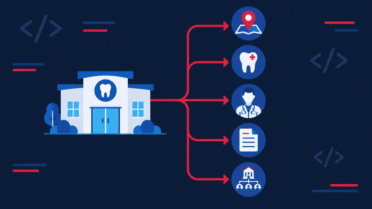A dental practice linked to its location, treatments, providers, published content and organization identity.