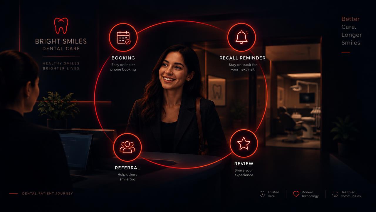 The dental patient journey: booking, recall reminders, reviews and referrals connected around a returning patient.
