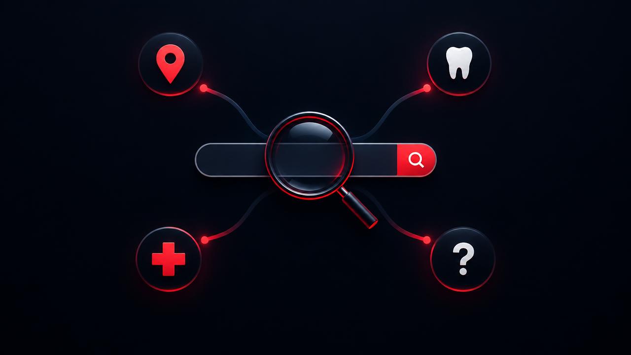 A search bar branching into the four types of patient search intent: provider, treatment, urgent and informational.