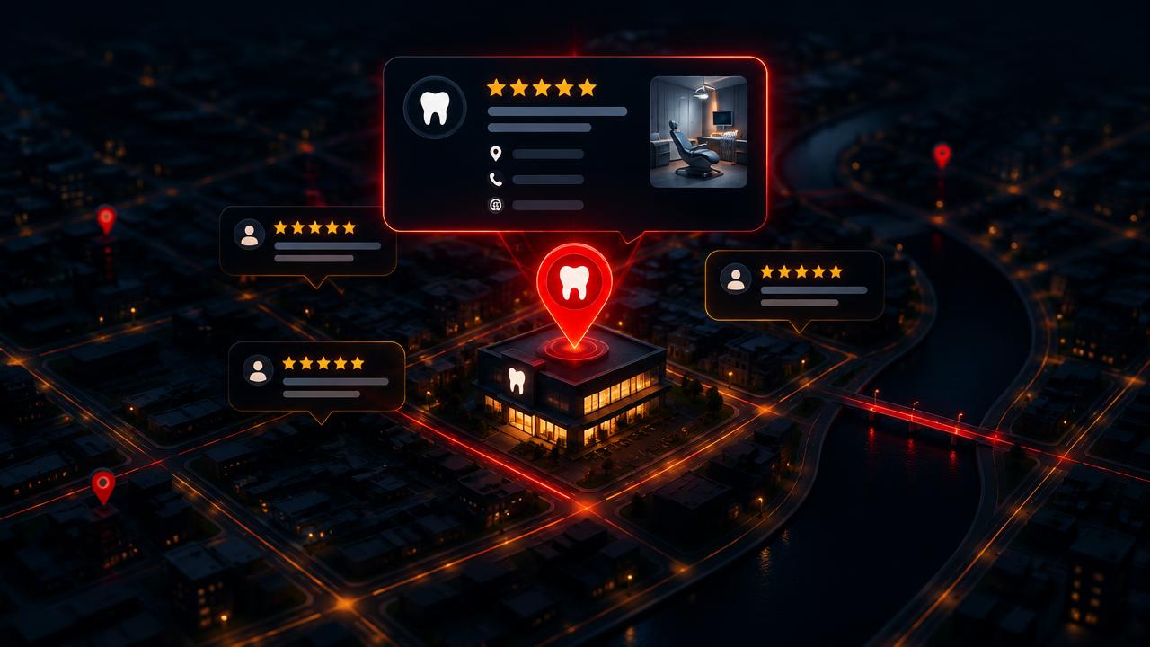 A dental practice highlighted on a local map with its business profile and patient reviews.