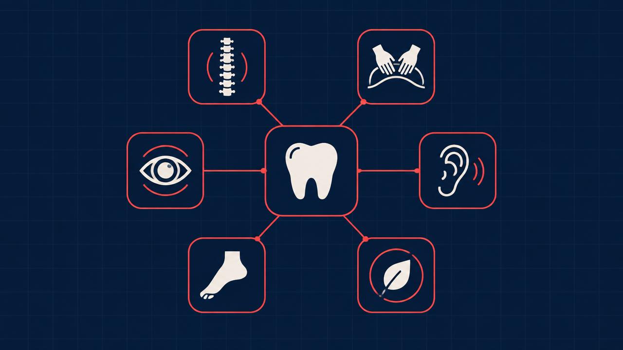 A tooth icon at the centre, connected to icons for physiotherapy, massage therapy, vision care, audiology, podiatry and wellness.