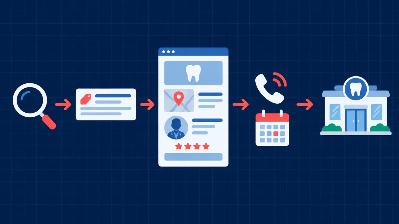 Diagram of a search leading to an ad, then a treatment landing page with location, provider and reviews, then a call or booking at a dental practice.