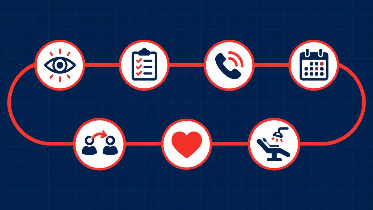 A looping patient lifecycle: discover, evaluate, contact, book, visit, retain and refer.