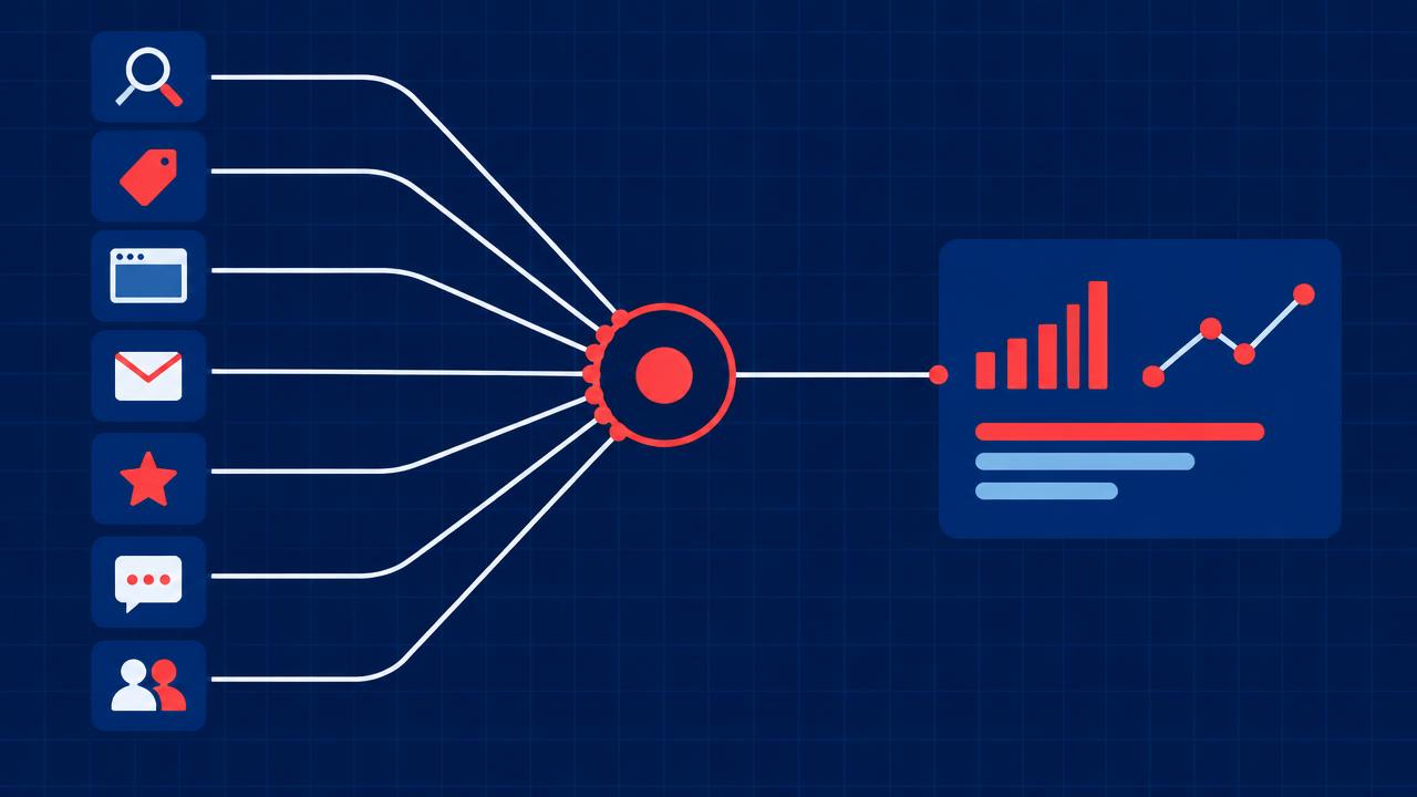 Icons for search, ads, website, patient requests, reviews, messages and referrals feeding into one hub that leads to a single practice growth view.