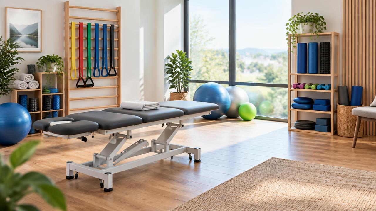 A bright physiotherapy clinic with a treatment table, resistance bands and exercise balls beside large windows.