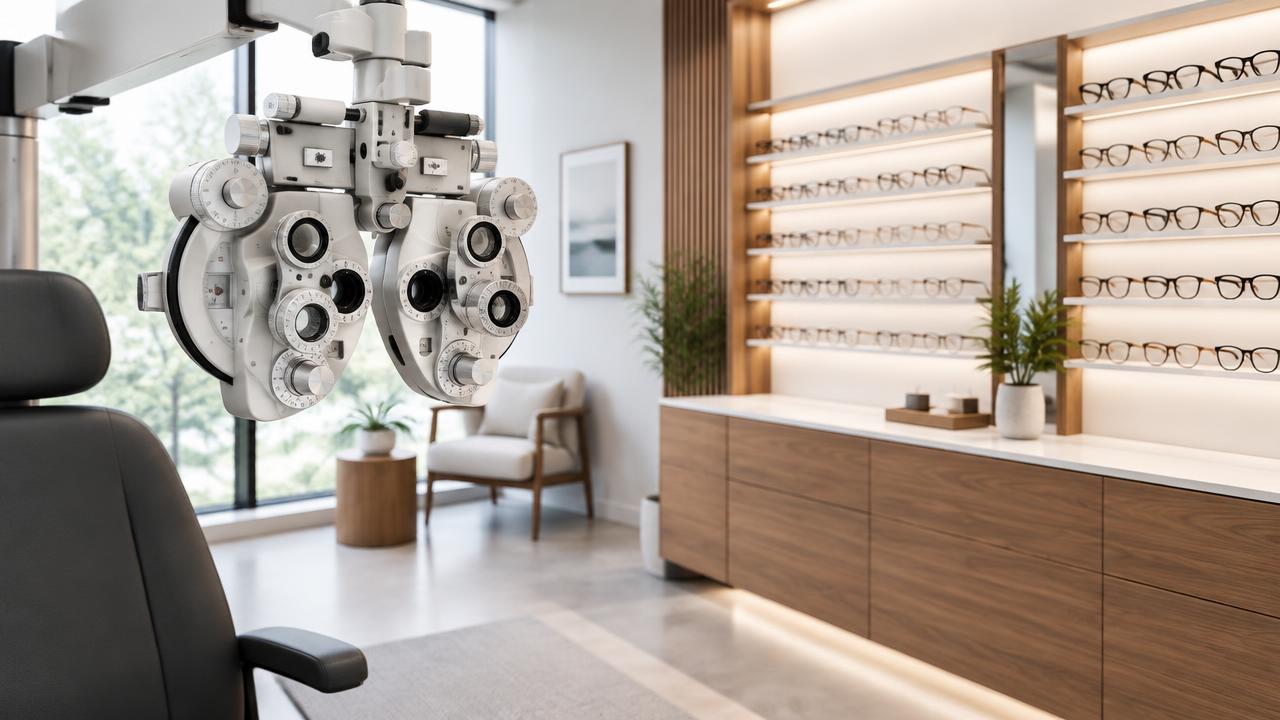 A modern optometry practice with an eye exam instrument in the foreground and a lit wall of eyeglass frames.