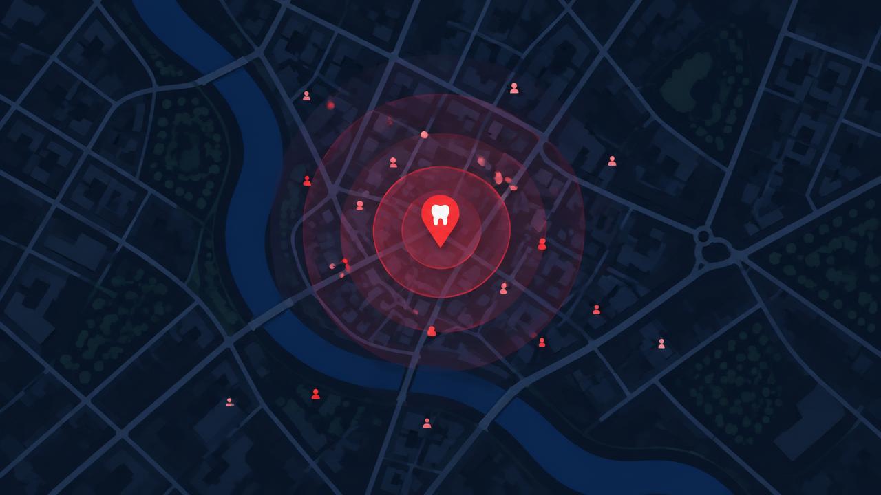 A stylized map with a dental practice pin at the center and nearby people searching in the surrounding area.