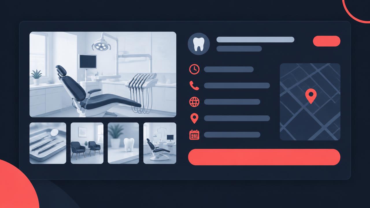 A conceptual business profile layout for a dental practice with photos, hours, phone, website, location and booking details.