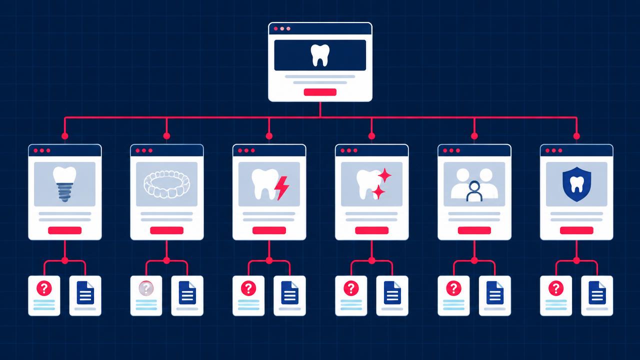 Website architecture diagram: a homepage linked to six treatment pages, each with its own FAQs and supporting resources.