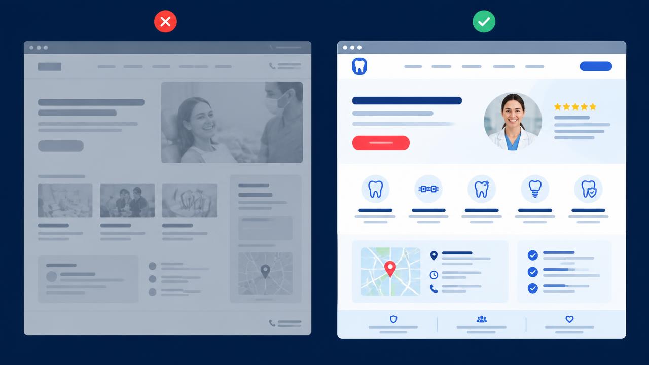 Conceptual comparison of a cluttered, generic dental website wireframe beside a clear, structured one with treatments, provider, reviews, location and a booking button.