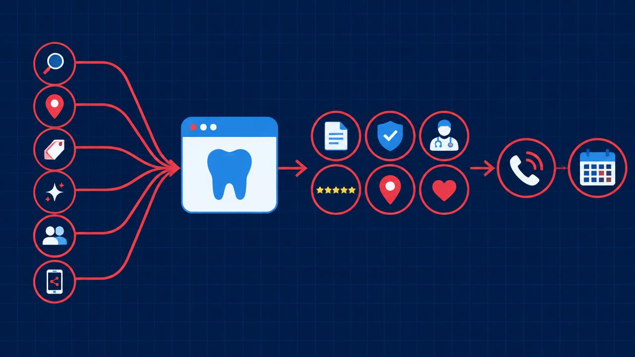 Diagram of search, maps, ads, AI search, referrals and social traffic flowing into a dental website, then to trust signals and a call or appointment request.