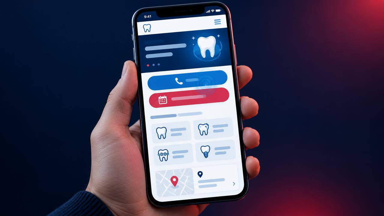 Illustrative mobile dental website concept with tap-to-call and appointment buttons, treatment cards and a location map.